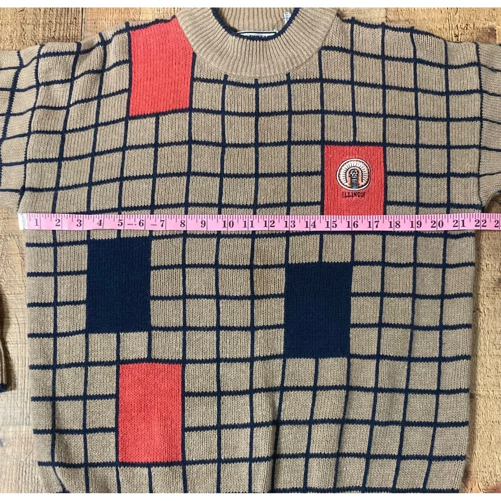 Vintage Aureus Mens Illinois Grid Colorblock Sweater‎ Tan Navy Coral Large